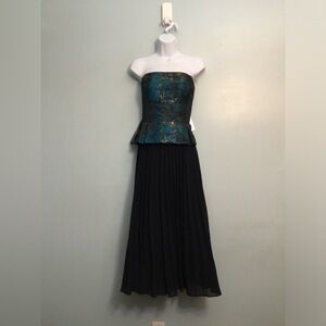 Kay Unger Teal and Black Strapless Peplum Evening Gown
